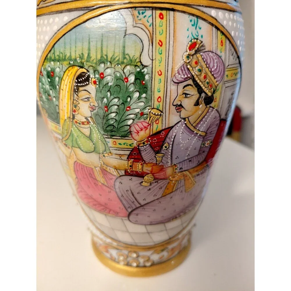 Marble Vase India Mughal Style Court Scene Intricate Raised Decoration Pristine